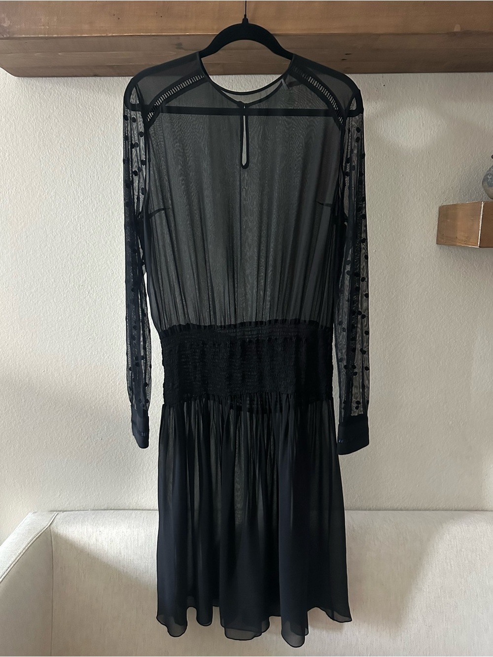 Preen Line Sheer Smocked Waist Midi Dress, Polka Dot Long Sleeves, Black, Large